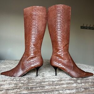 Max Studio Women 10 Cognac Brown Snakeskin Embossed Leather Knee High Boot Italy